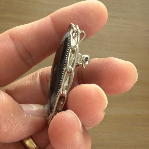 Vintage Brooch Pin Pendant Oval Snowflake Obsidian Stone Silver Tone - Picture 6 of 11